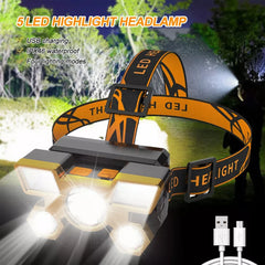 1pcs Rechargeable Headlamp, Portable 5LED Headlight Torch, Portable Working Light, Fishing Camping Head Light For Travel, Campin
