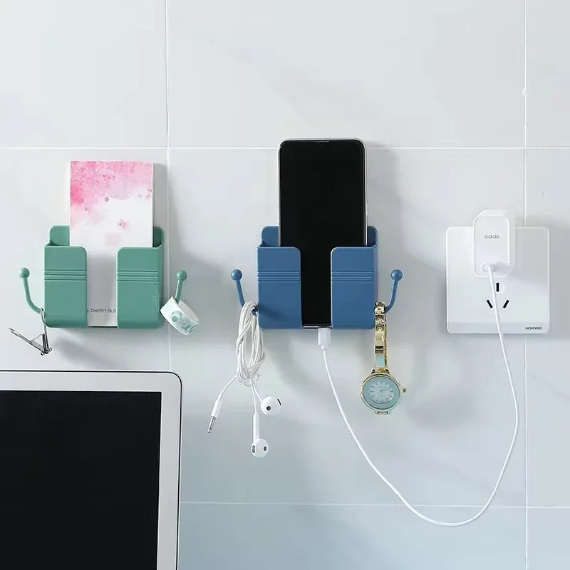 1pc Wall Mount Phone Holder Self-Adhesive Wall Organizer Storage Box Plastic Charging Phone Stand Brackets No Punching Holders