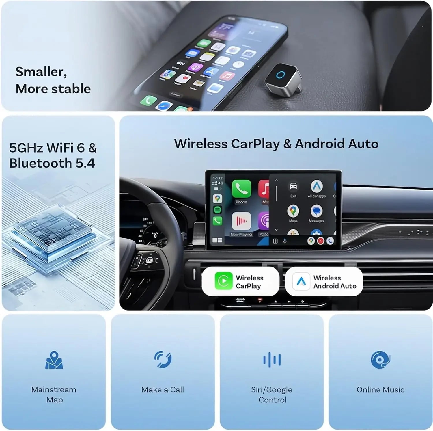 2 in 1 Wireless CarPlay Android Auto Adapter Smart USB Dongle Auto Connect Plug & Play for iPhone and Android Factory Wired Cars
