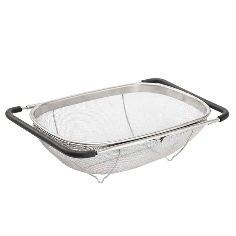 Kitchen Supply Over The Sink Deep Well Oval Stainless Steel Colander Fine Mesh W/ Extendable Handle