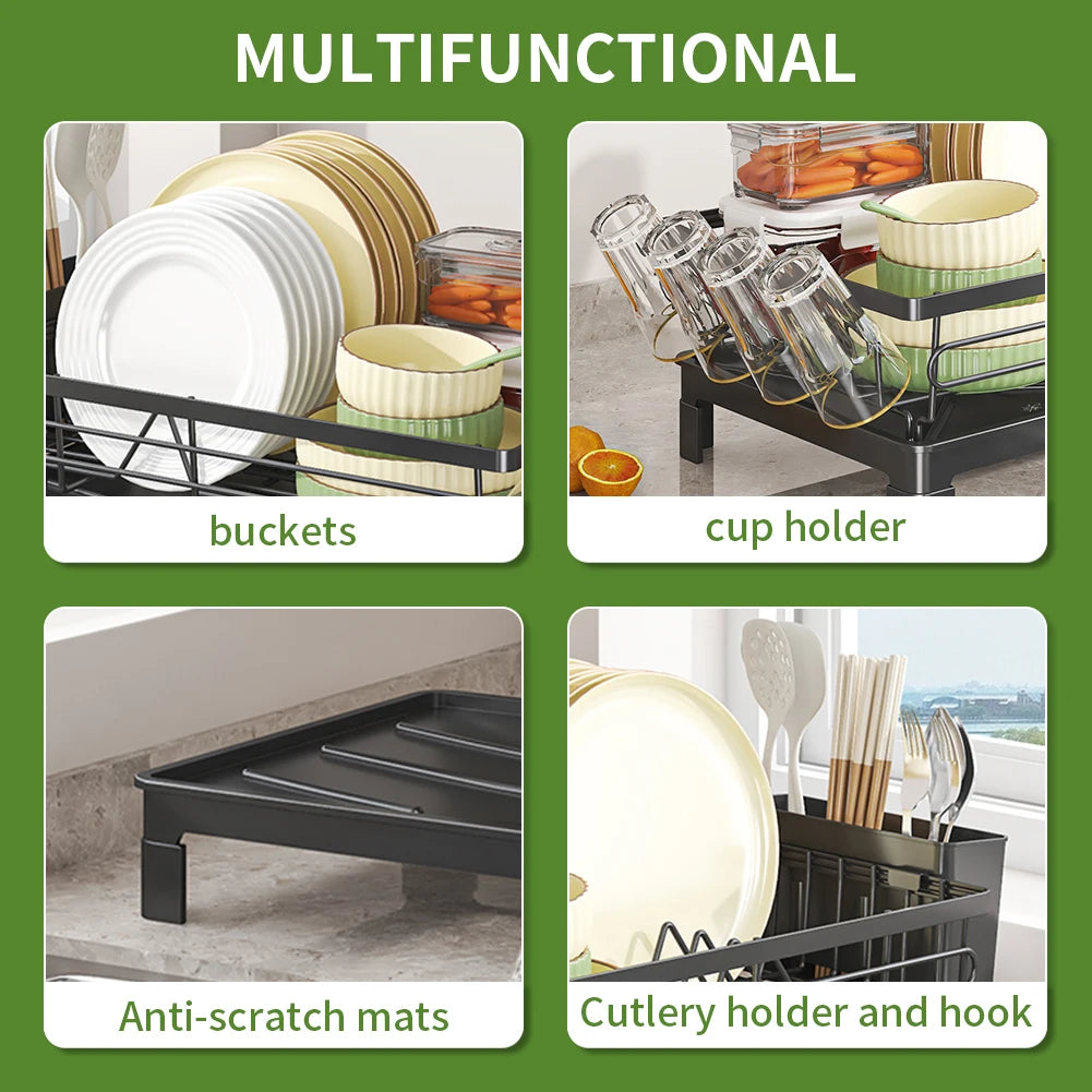 Large Anti-Rust Dish Drying Rack – Multifunctional Kitchen Counter Rack with Cutlery, Cup Holders & Drainboard