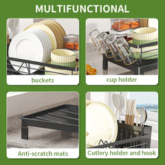Large Anti-Rust Dish Drying Rack – Multifunctional Kitchen Counter Rack with Cutlery, Cup Holders & Drainboard