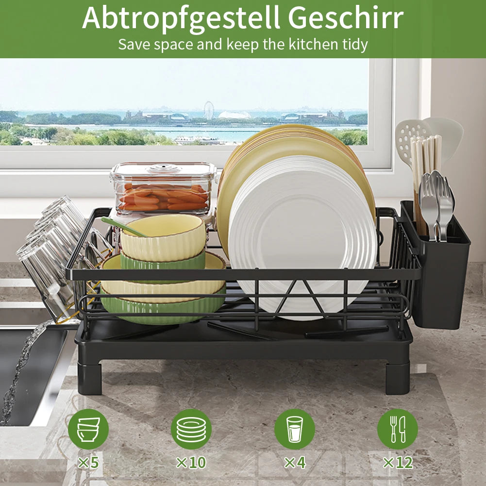 Large Anti-Rust Dish Drying Rack – Multifunctional Kitchen Counter Rack with Cutlery, Cup Holders & Drainboard