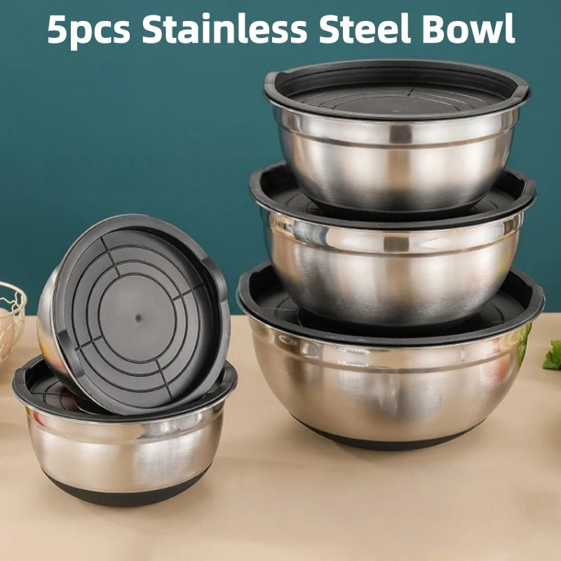 5pcs Set Stainless Steel Mixing Bowl with Lid - Rust-Resistant, Non-Slip Base, for Baking and Cooking, Kitchen Essentials