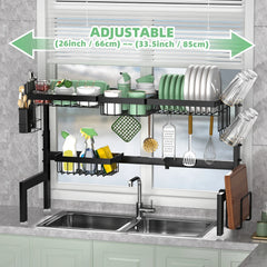 Large over the Sink Dish drying rack Kitchen tablewares storage shelf Adejustable Height and Length Rust Proof Black