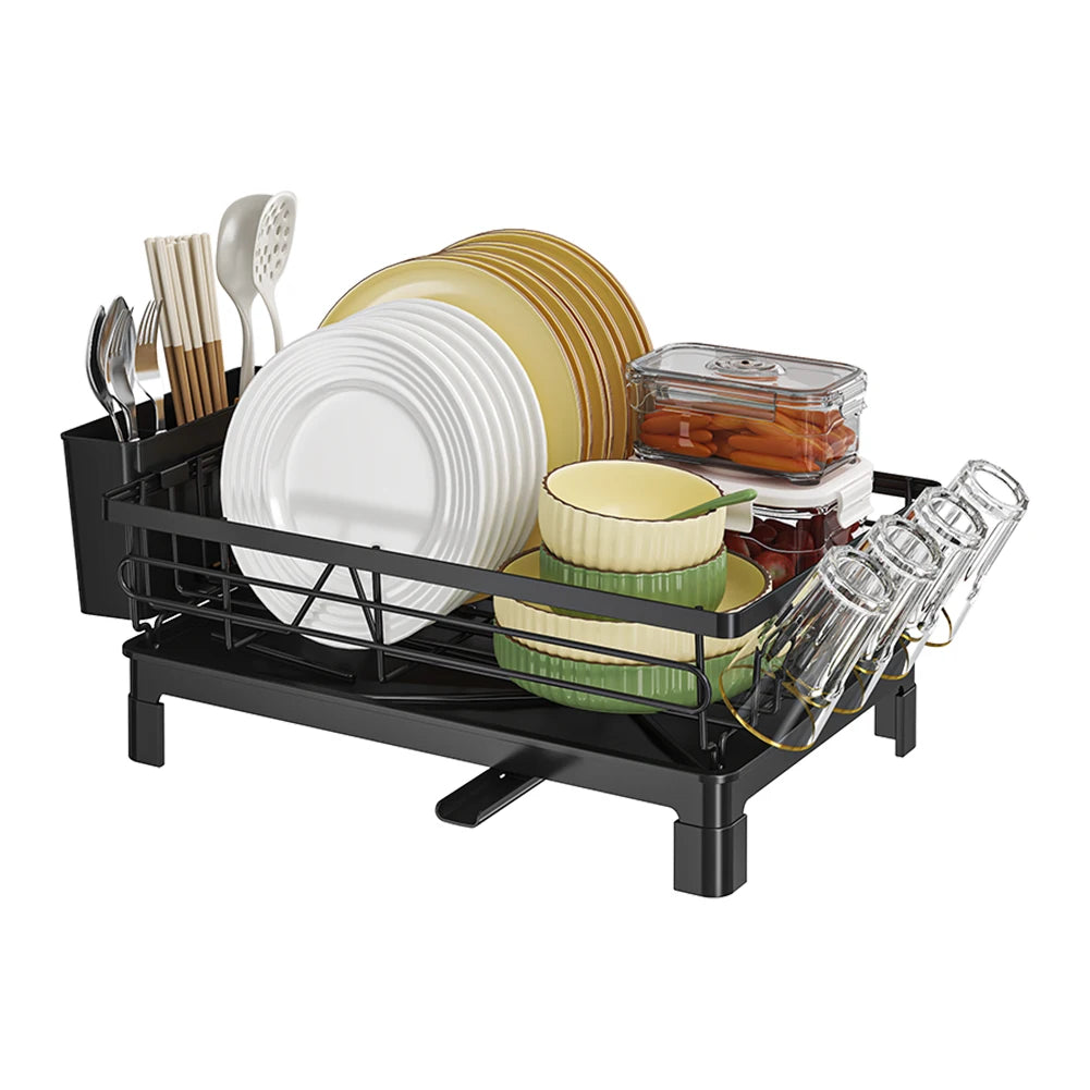 Large Anti-Rust Dish Drying Rack – Multifunctional Kitchen Counter Rack with Cutlery, Cup Holders & Drainboard