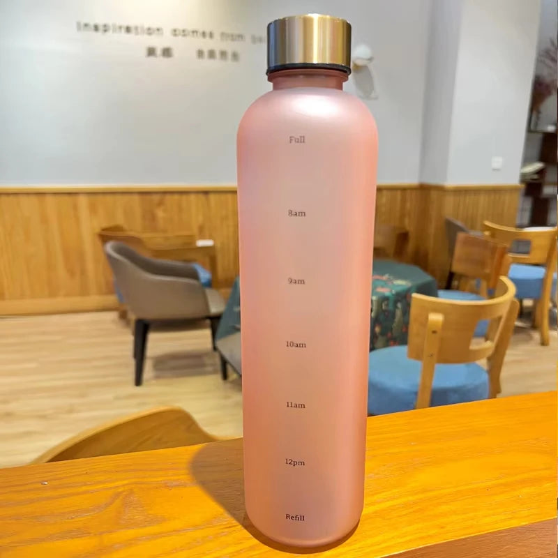 1L Water Bottle With Time Marker Motivational Reusable Fitness Sports Outdoors Travel Leakproof Free Frosted Plastic