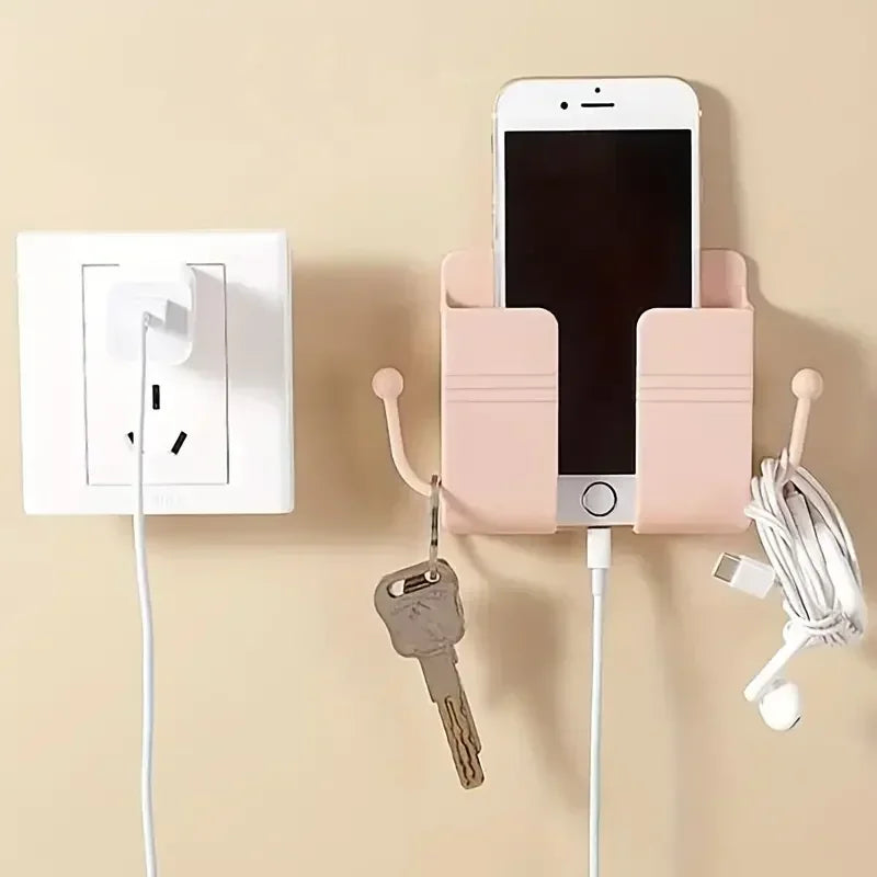 1pc Wall Mount Phone Holder Self-Adhesive Wall Organizer Storage Box Plastic Charging Phone Stand Brackets No Punching Holders
