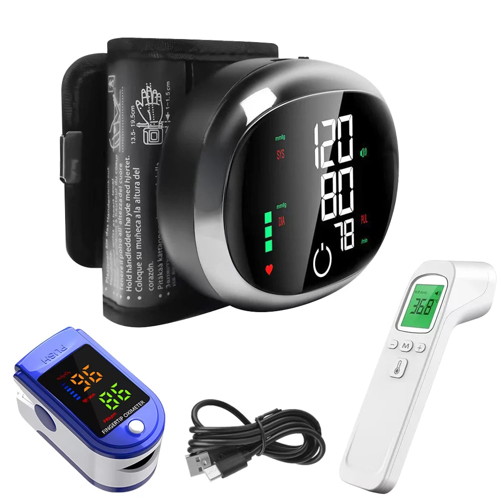 Electronic Blood Pressure Monitor + Forehead Thermometer + Blood Oximeter Three-Piece Combination Health Monitoring Set