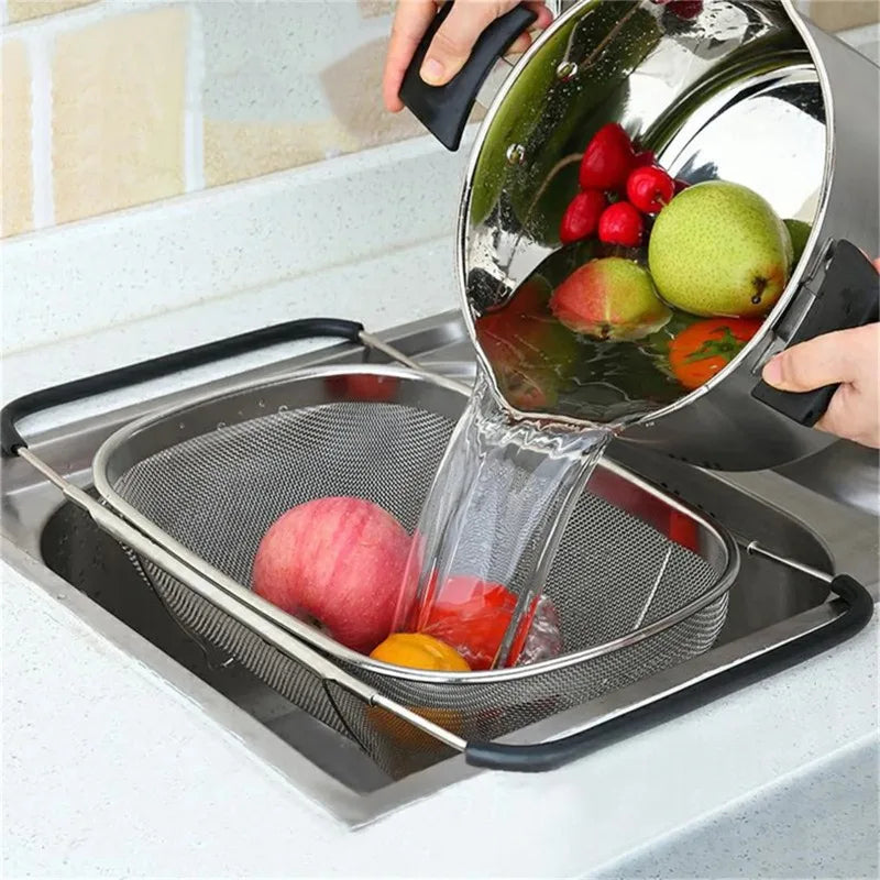 Kitchen Supply Over The Sink Deep Well Oval Stainless Steel Colander Fine Mesh W/ Extendable Handle