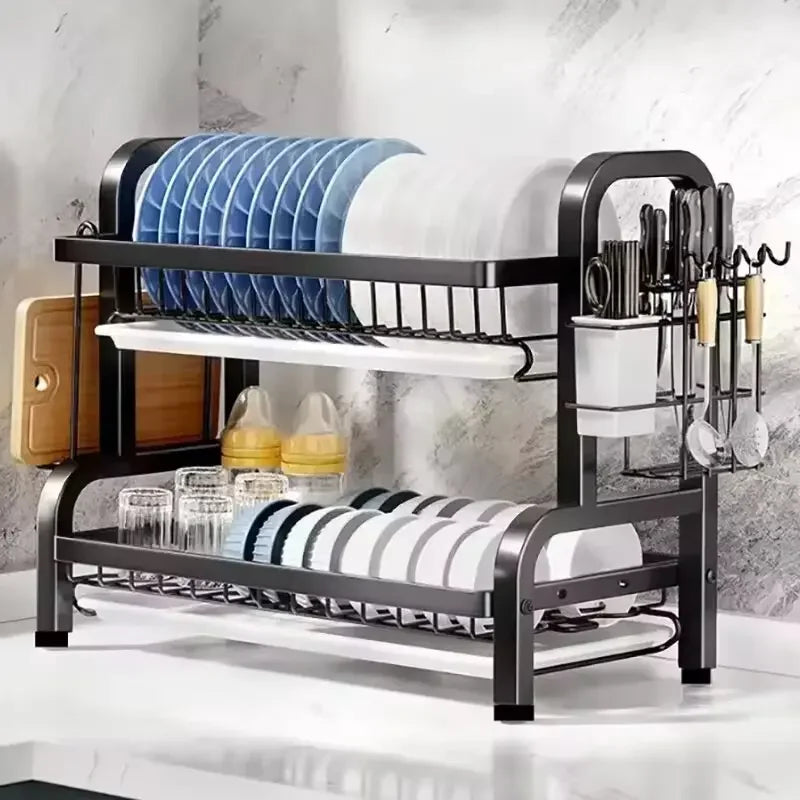 Dish Drying Rack 2-Tier Compact Kitchen Dish Rack Drainboard Set Large Rust-Proof Dish Drainer with Utensil Holder Kitchen Racks