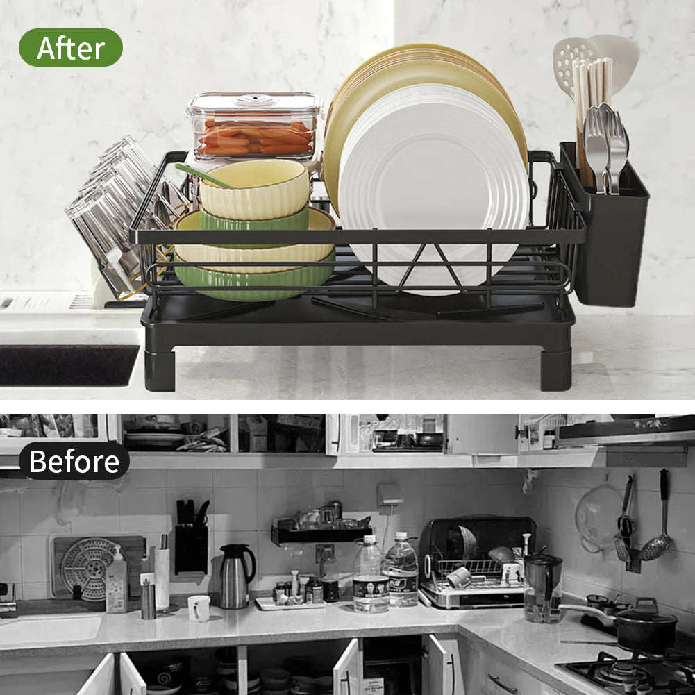 Large Anti-Rust Dish Drying Rack – Multifunctional Kitchen Counter Rack with Cutlery, Cup Holders & Drainboard