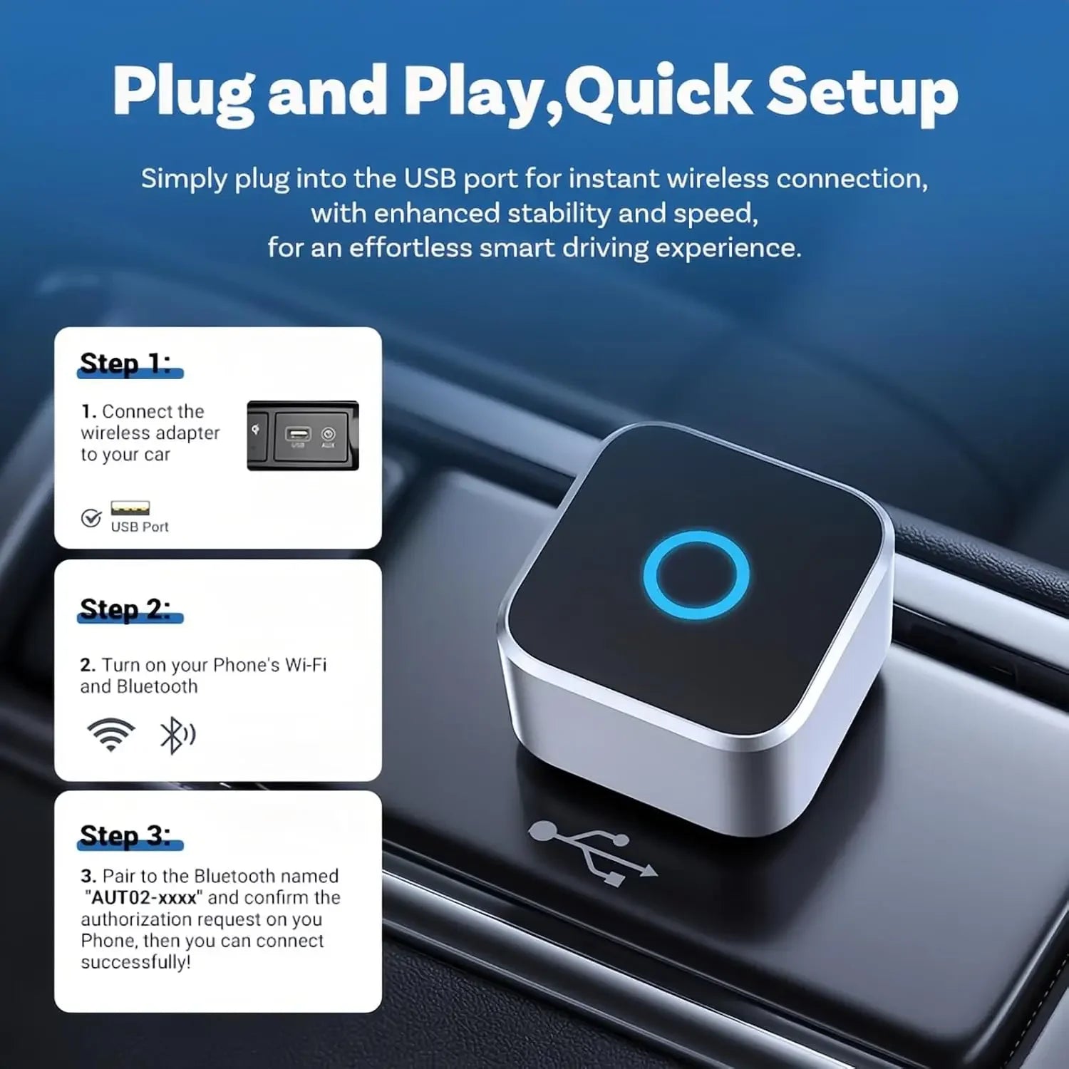 2 in 1 Wireless CarPlay Android Auto Adapter Smart USB Dongle Auto Connect Plug & Play for iPhone and Android Factory Wired Cars